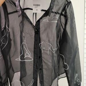 Forever 21:Sheer Black Button-Up Shirt with White Line Art: Never Worn New